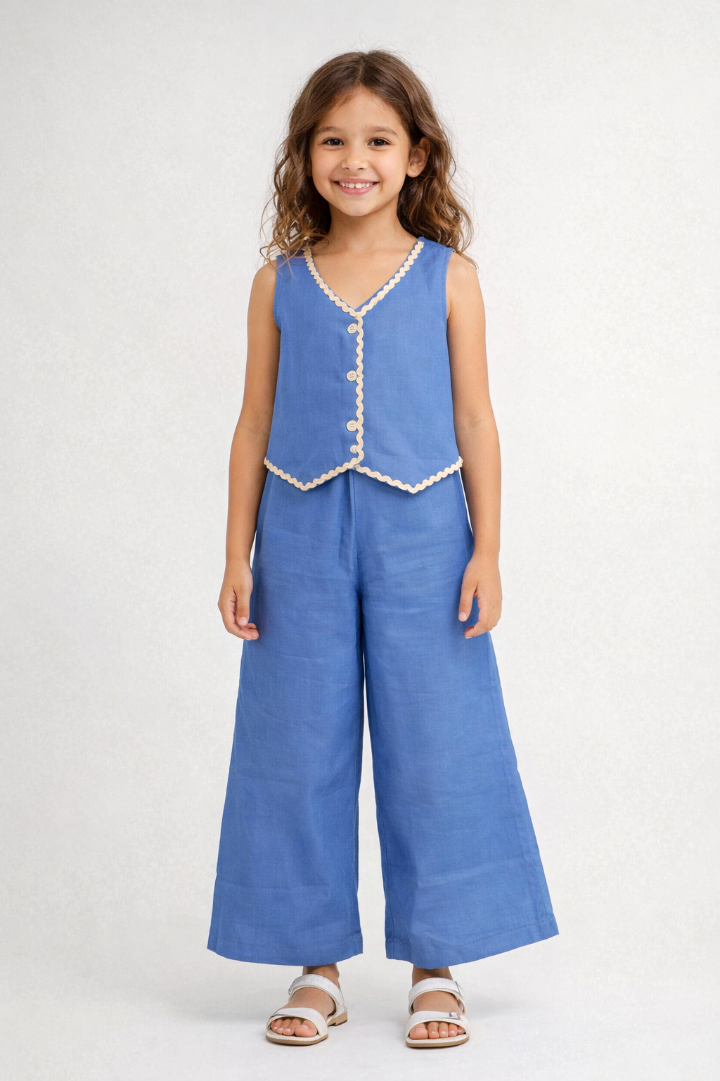 The Magic Wand Woven Sleeveless Ric Rac Waistcoat Top And Pants Set - Blue