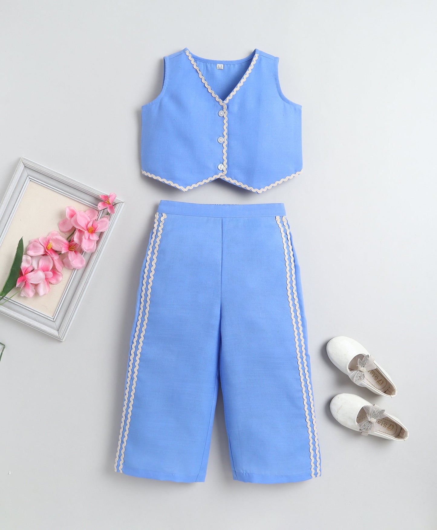 The Magic Wand Woven Sleeveless Ric Rac Waistcoat Top And Pants Set - Blue