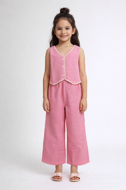The Magic Wand Woven Sleeveless Ric Rac Waistcoat Top And Pants Set - Pink