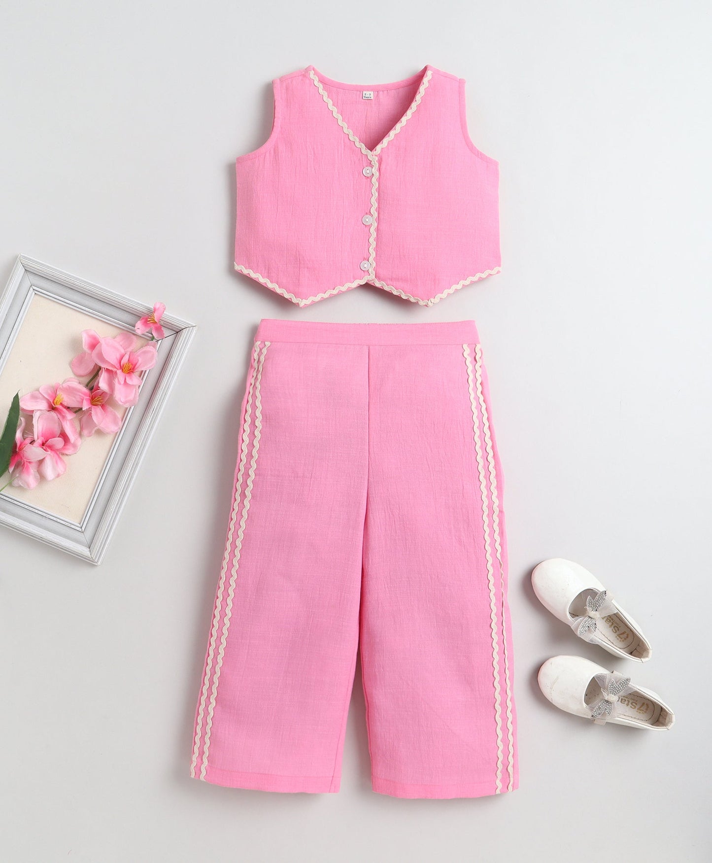 The Magic Wand Woven Sleeveless Ric Rac Waistcoat Top And Pants Set - Pink