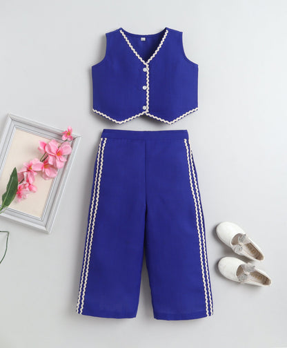 The Magic Wand Woven Sleeveless Ric Rac Waistcoat Top And Pants Set - Royal Blue