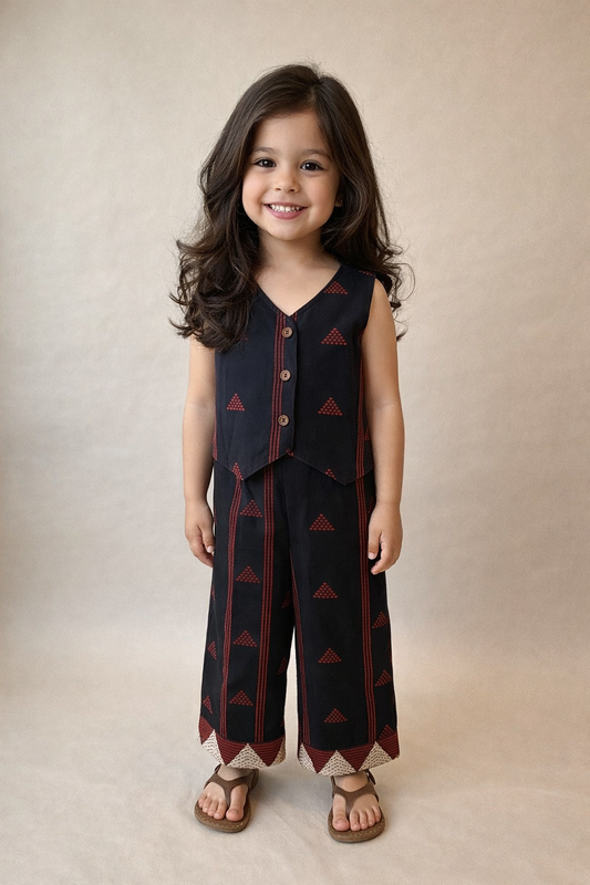 The Magic Wand Cotton Woven Sleeveless Abstract Printed Waistcoat Top And Pants Set - Black