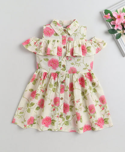 The Magic Wand Cotton Woven Cold Shoulder Floral Printed Gathered Dress - Off White