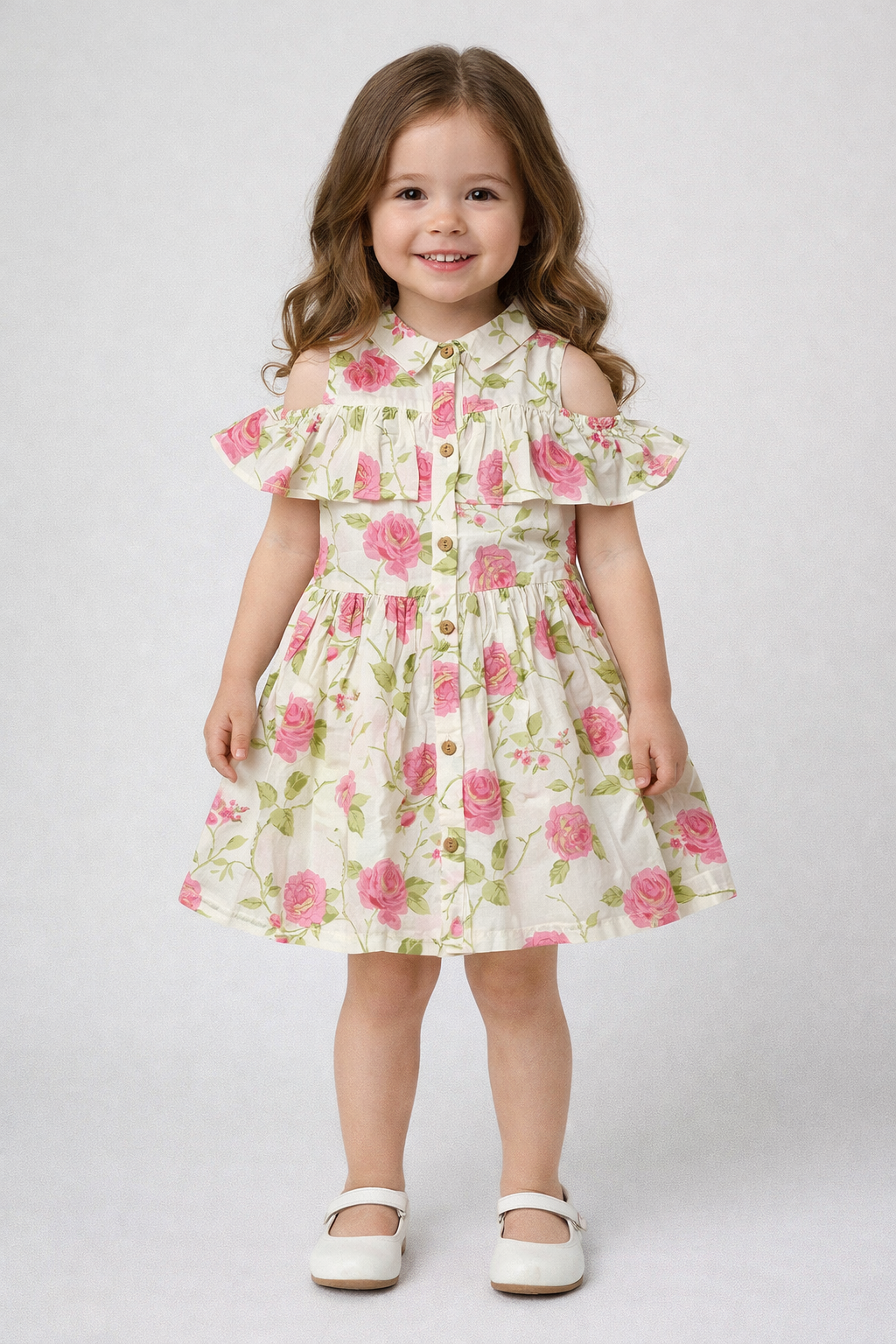 The Magic Wand Cotton Woven Cold Shoulder Floral Printed Gathered Dress - Off White