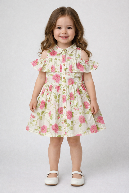 The Magic Wand Cotton Woven Cold Shoulder Floral Printed Gathered Dress - Off White