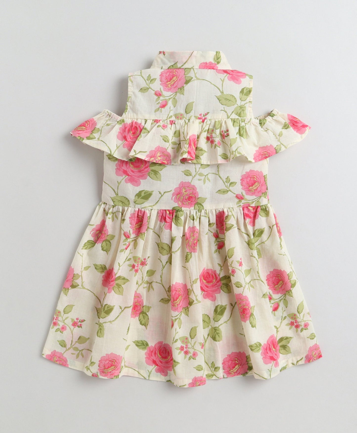 The Magic Wand Cotton Woven Cold Shoulder Floral Printed Gathered Dress - Off White