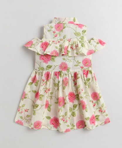 The Magic Wand Cotton Woven Cold Shoulder Floral Printed Gathered Dress - Off White