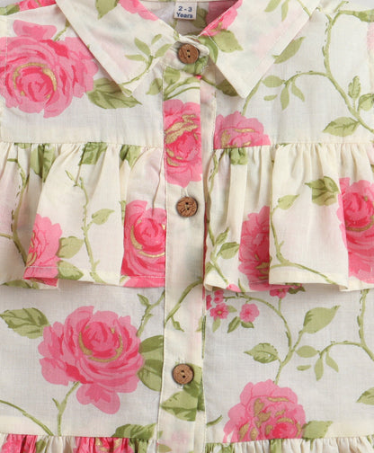The Magic Wand Cotton Woven Cold Shoulder Floral Printed Gathered Dress - Off White