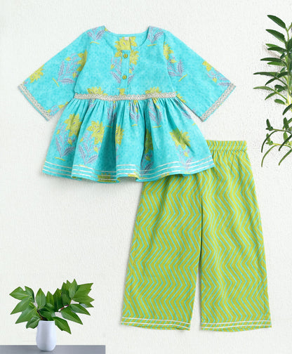 The Magic Wand Cotton Woven Gota Laced Printed Top With Pants Set - Turquoise