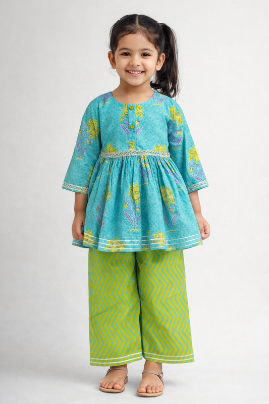 The Magic Wand Cotton Woven Gota Laced Printed Top With Pants Set - Turquoise