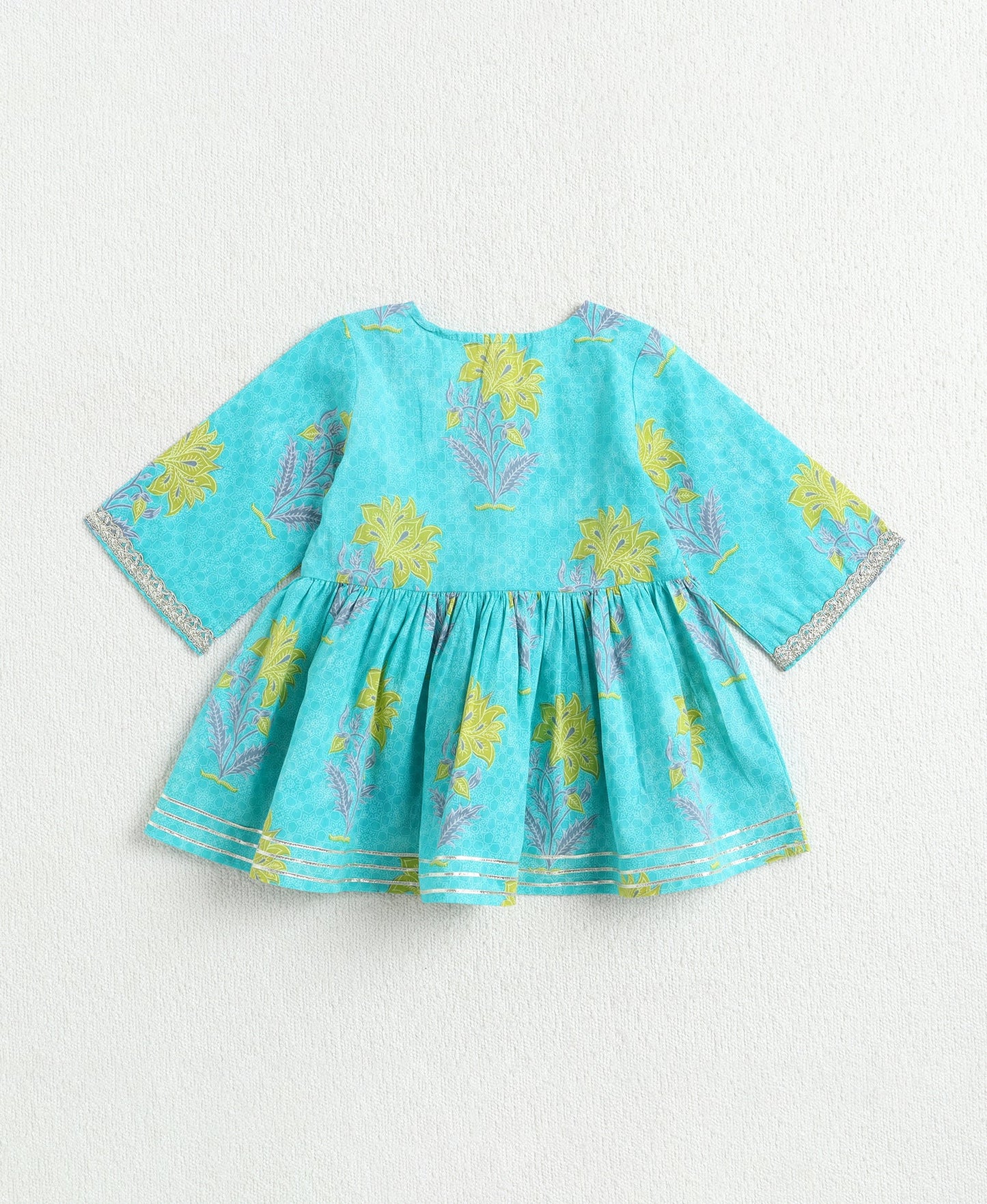 The Magic Wand Cotton Woven Gota Laced Printed Top With Pants Set - Turquoise