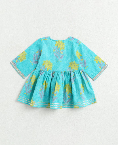 The Magic Wand Cotton Woven Gota Laced Printed Top With Pants Set - Turquoise