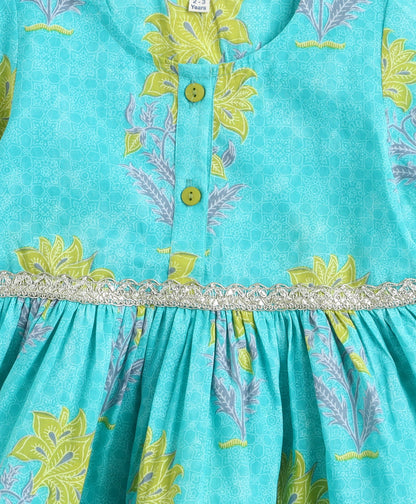 The Magic Wand Cotton Woven Gota Laced Printed Top With Pants Set - Turquoise