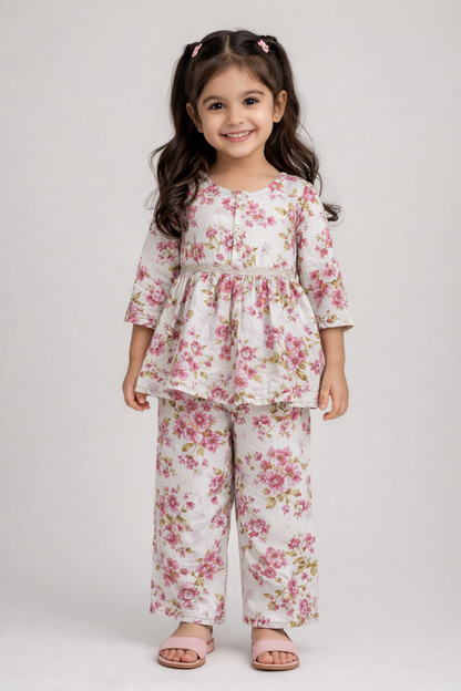 The Magic Wand Cotton Woven Gota Laced Floral Printed Top With Pants Set - White