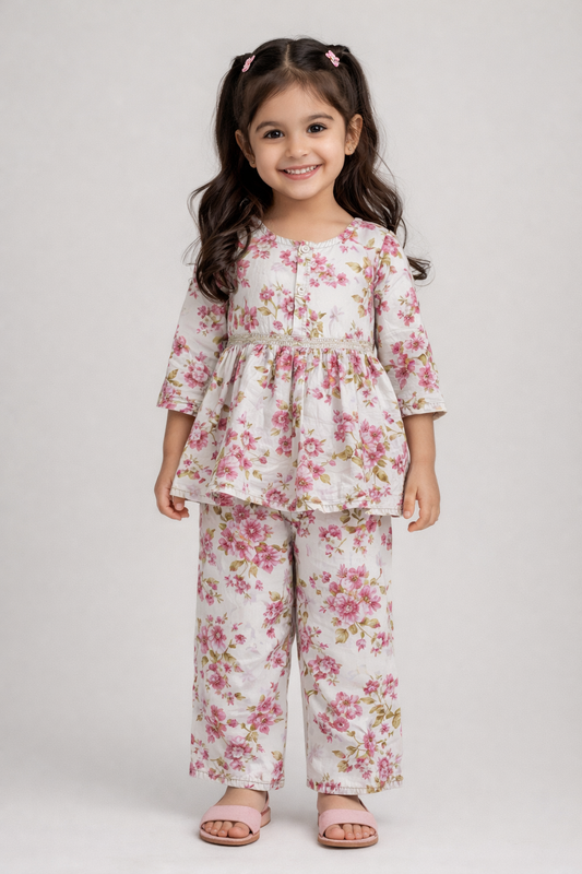 The Magic Wand Cotton Woven Gota Laced Floral Printed Top With Pants Set - White