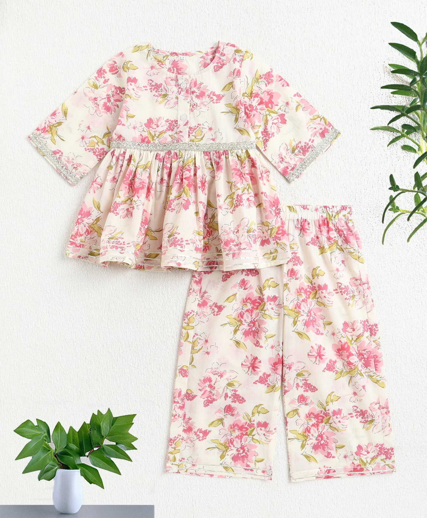 The Magic Wand Cotton Woven Gota Laced Floral Printed Top With Pants Set - White