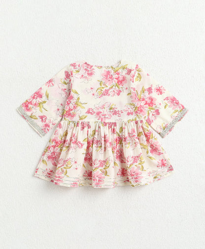 The Magic Wand Cotton Woven Gota Laced Floral Printed Top With Pants Set - White
