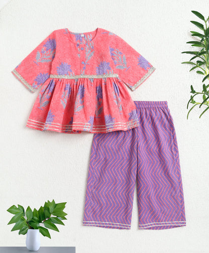 The Magic Wand Cotton Woven Gota Laced Printed Top With Pants Set - Pink