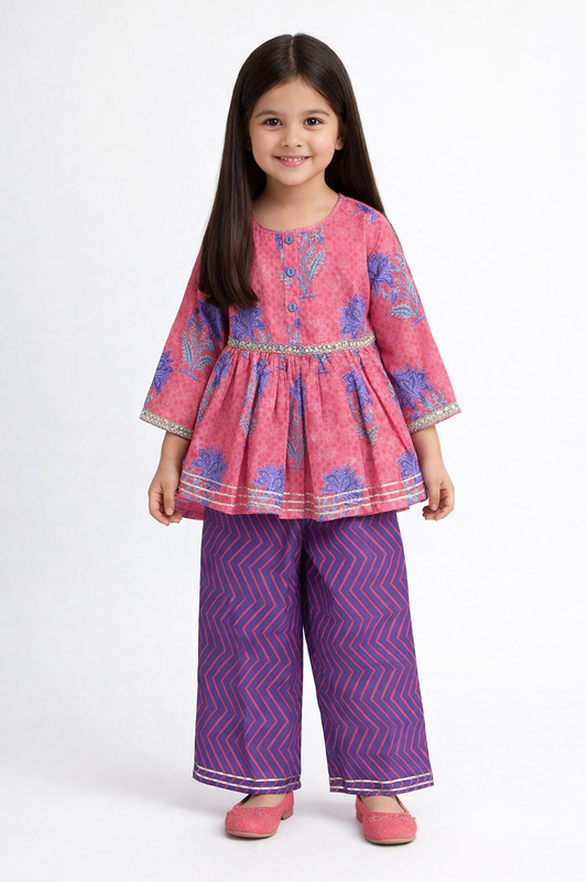 The Magic Wand Cotton Woven Gota Laced Printed Top With Pants Set - Pink