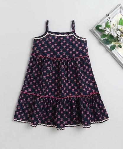 The Magic Wand Cotton Woven Stappy Ric Rac Floral Tiered Dress - Purple