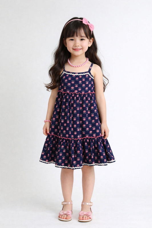 The Magic Wand Cotton Woven Stappy Ric Rac Floral Tiered Dress - Purple