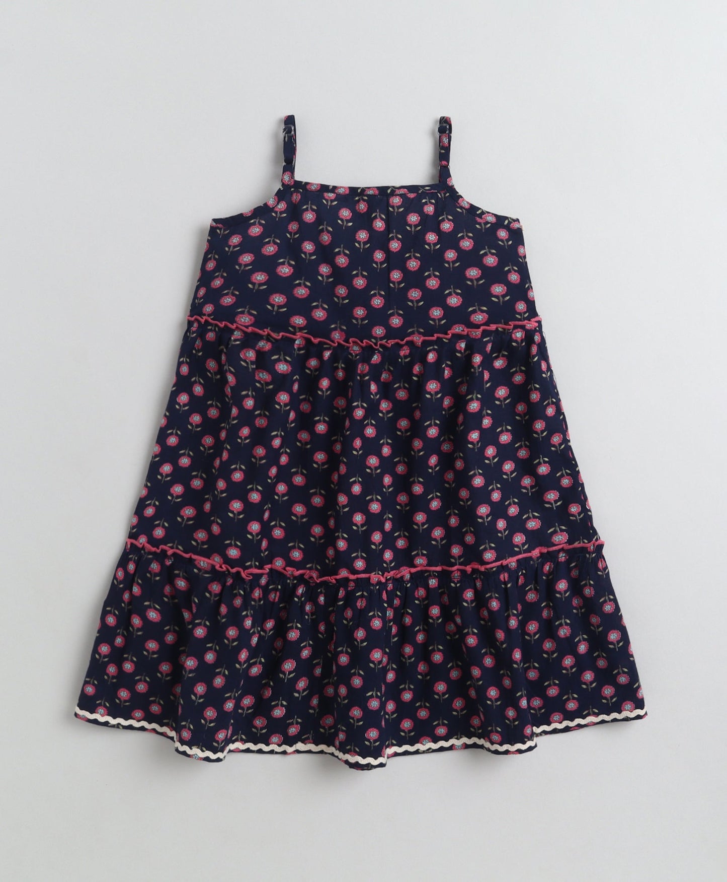 The Magic Wand Cotton Woven Stappy Ric Rac Floral Tiered Dress - Purple