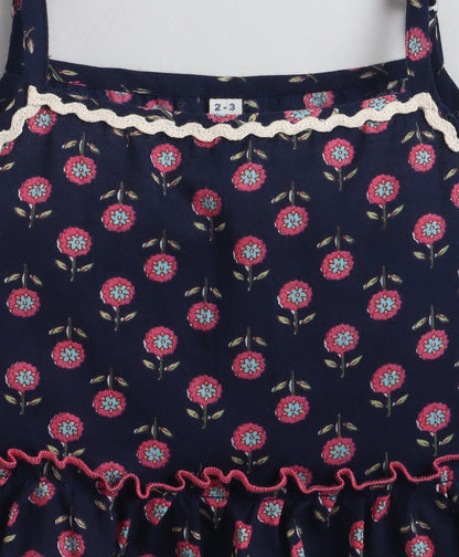 The Magic Wand Cotton Woven Stappy Ric Rac Floral Tiered Dress - Purple
