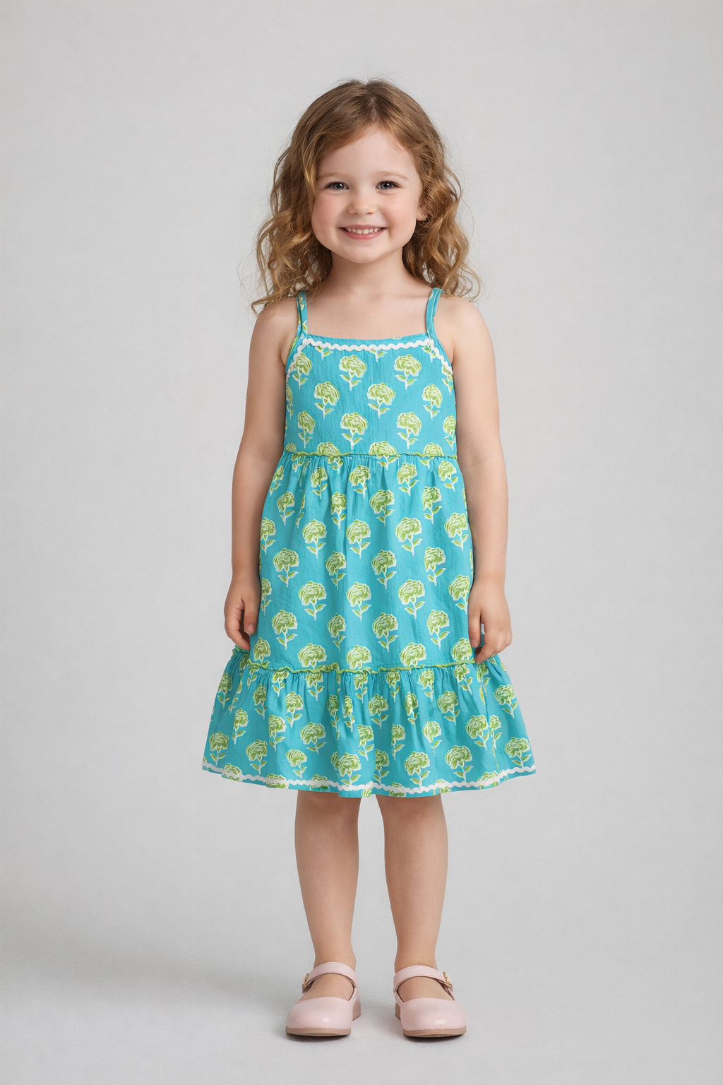 The Magic Wand Cotton Woven Stappy Ric Rac Floral Tiered Dress - Turquoise