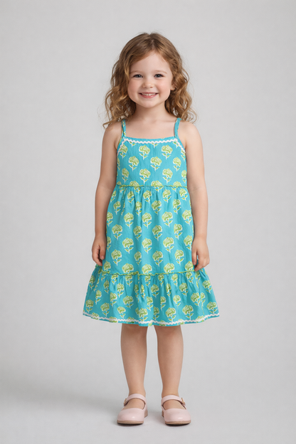 The Magic Wand Cotton Woven Stappy Ric Rac Floral Tiered Dress - Turquoise