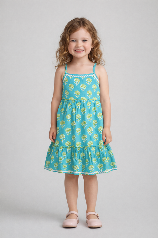 The Magic Wand Cotton Woven Stappy Ric Rac Floral Tiered Dress - Turquoise