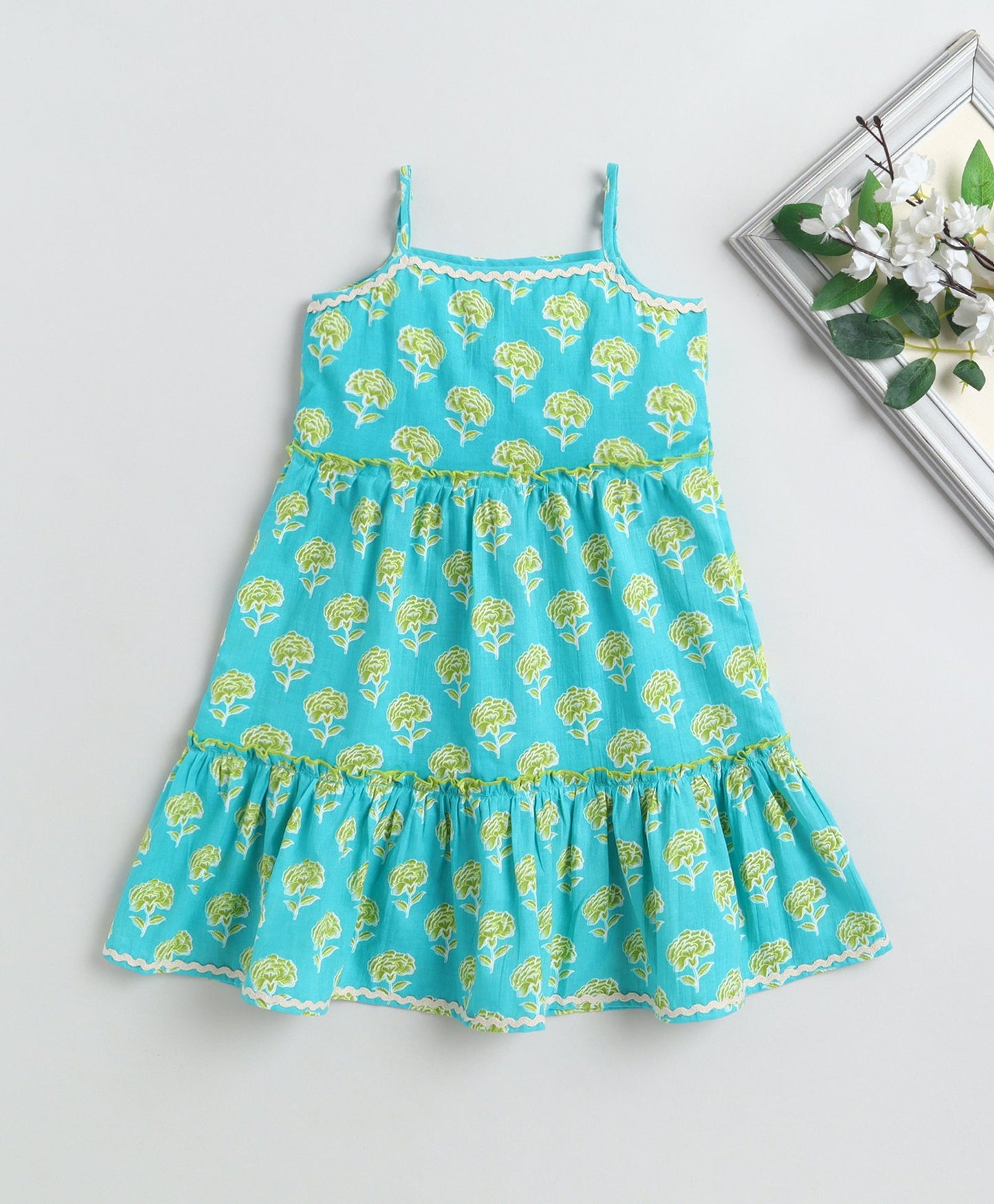 The Magic Wand Cotton Woven Stappy Ric Rac Floral Tiered Dress - Turquoise