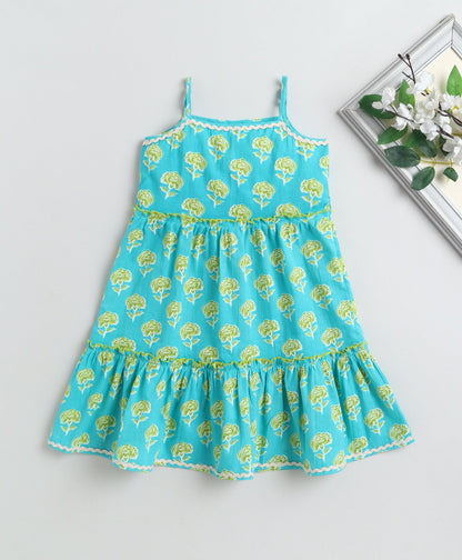 The Magic Wand Cotton Woven Stappy Ric Rac Floral Tiered Dress - Turquoise