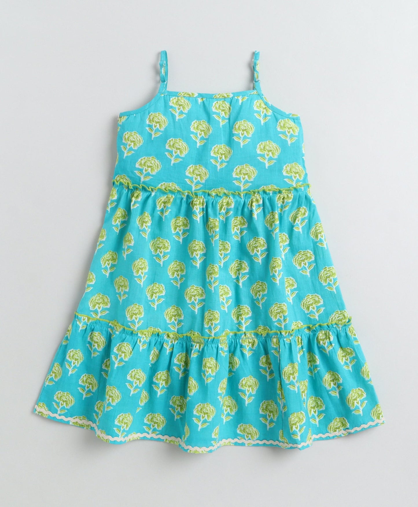 The Magic Wand Cotton Woven Stappy Ric Rac Floral Tiered Dress - Turquoise