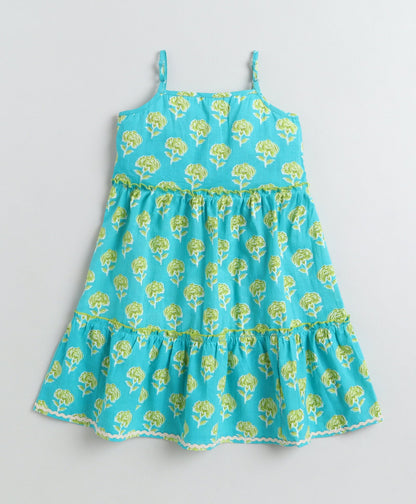 The Magic Wand Cotton Woven Stappy Ric Rac Floral Tiered Dress - Turquoise