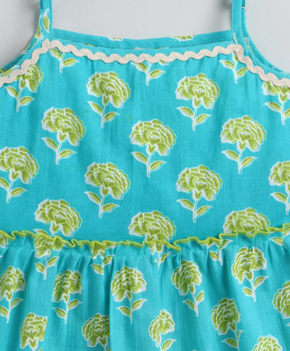 The Magic Wand Cotton Woven Stappy Ric Rac Floral Tiered Dress - Turquoise