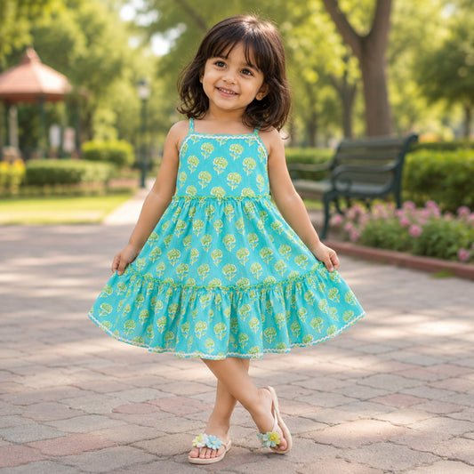 The Magic Wand Cotton Woven Stappy Ric Rac Floral Tiered Dress - Turquoise