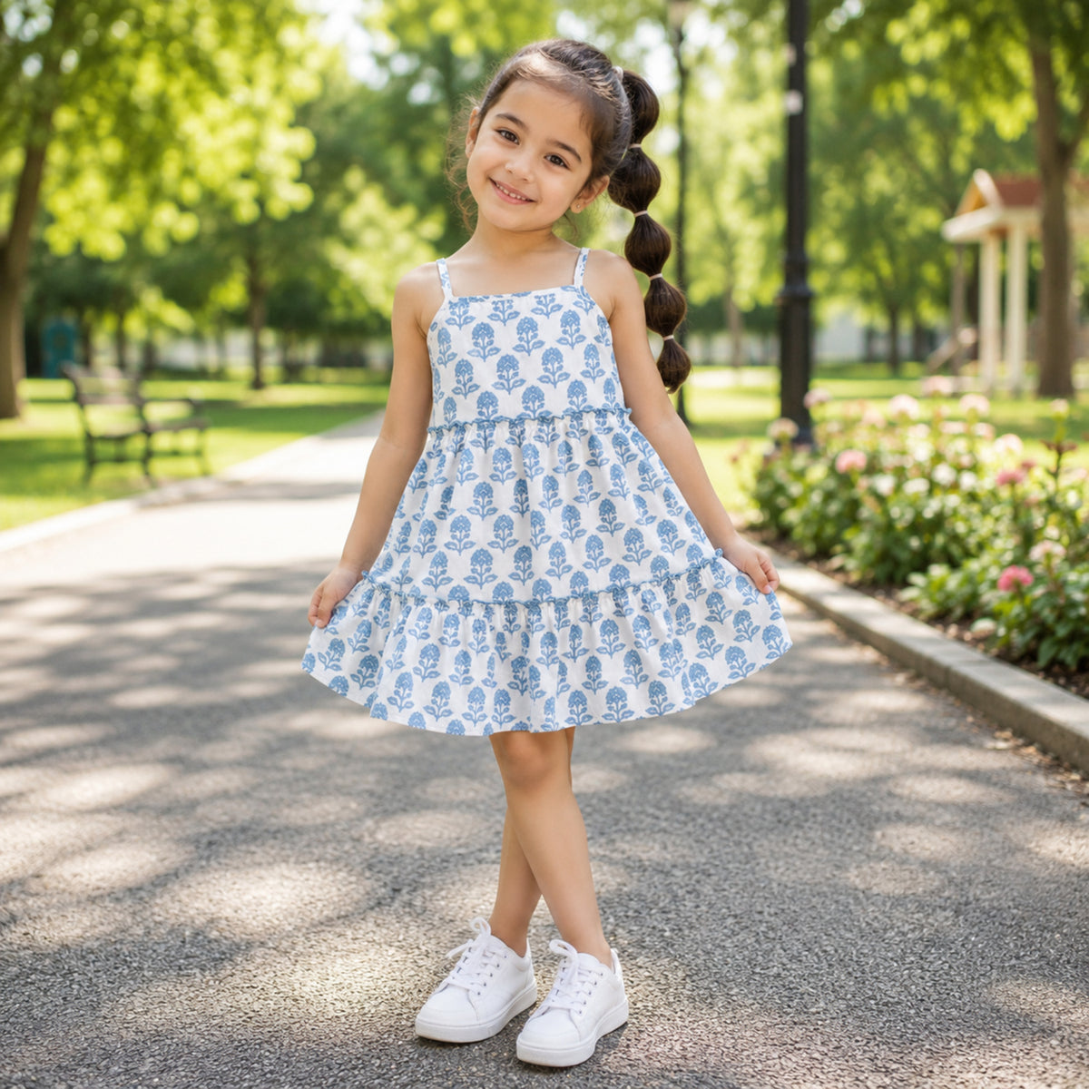 The Magic Wand Cotton Woven Stappy Printed Tiered Dress - White