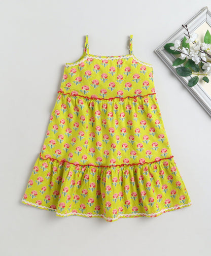 The Magic Wand Cotton Woven Stappy Ric Rac Floral Printed Tiered Dress - Yellow