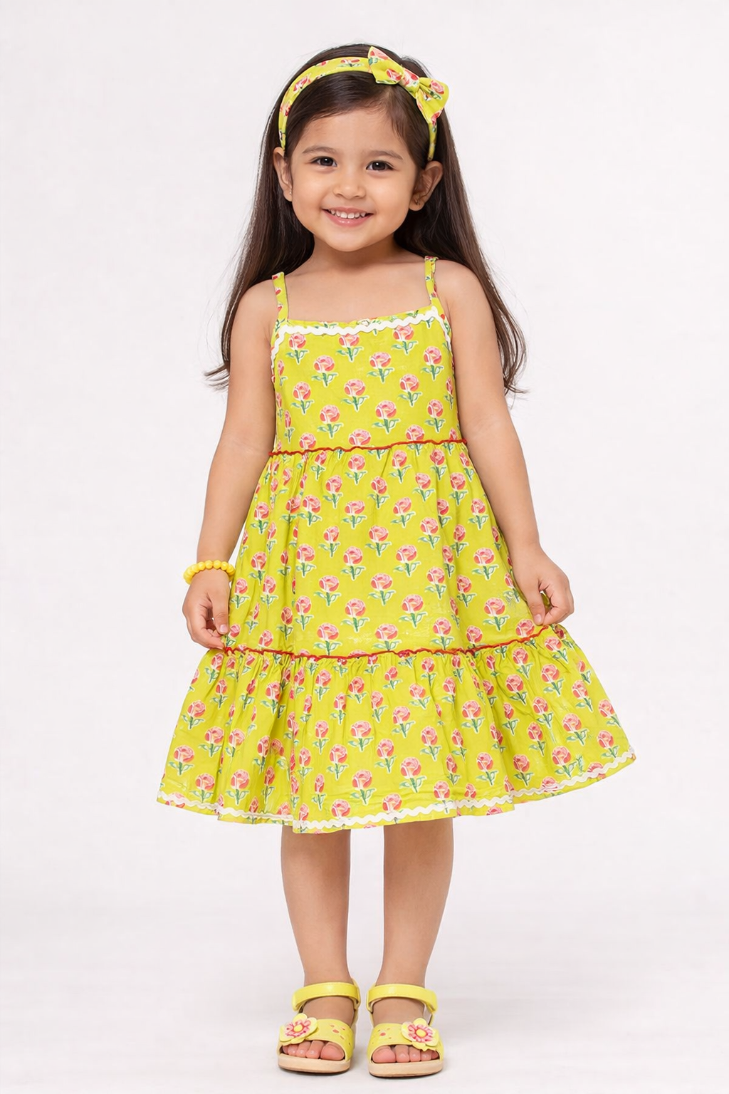 The Magic Wand Cotton Woven Stappy Ric Rac Floral Printed Tiered Dress - Yellow