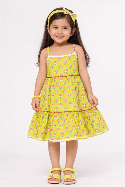 The Magic Wand Cotton Woven Stappy Ric Rac Floral Printed Tiered Dress - Yellow