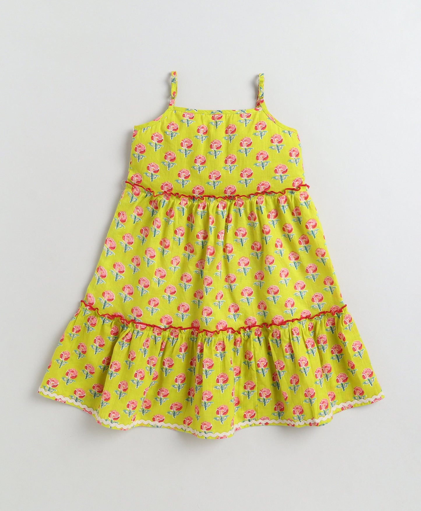 The Magic Wand Cotton Woven Stappy Ric Rac Floral Printed Tiered Dress - Yellow
