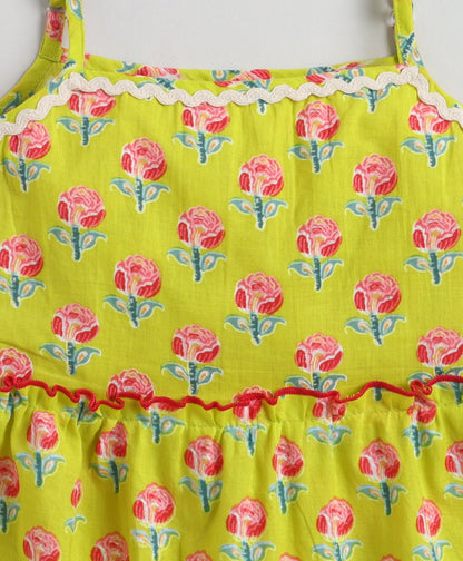 The Magic Wand Cotton Woven Stappy Ric Rac Floral Printed Tiered Dress - Yellow