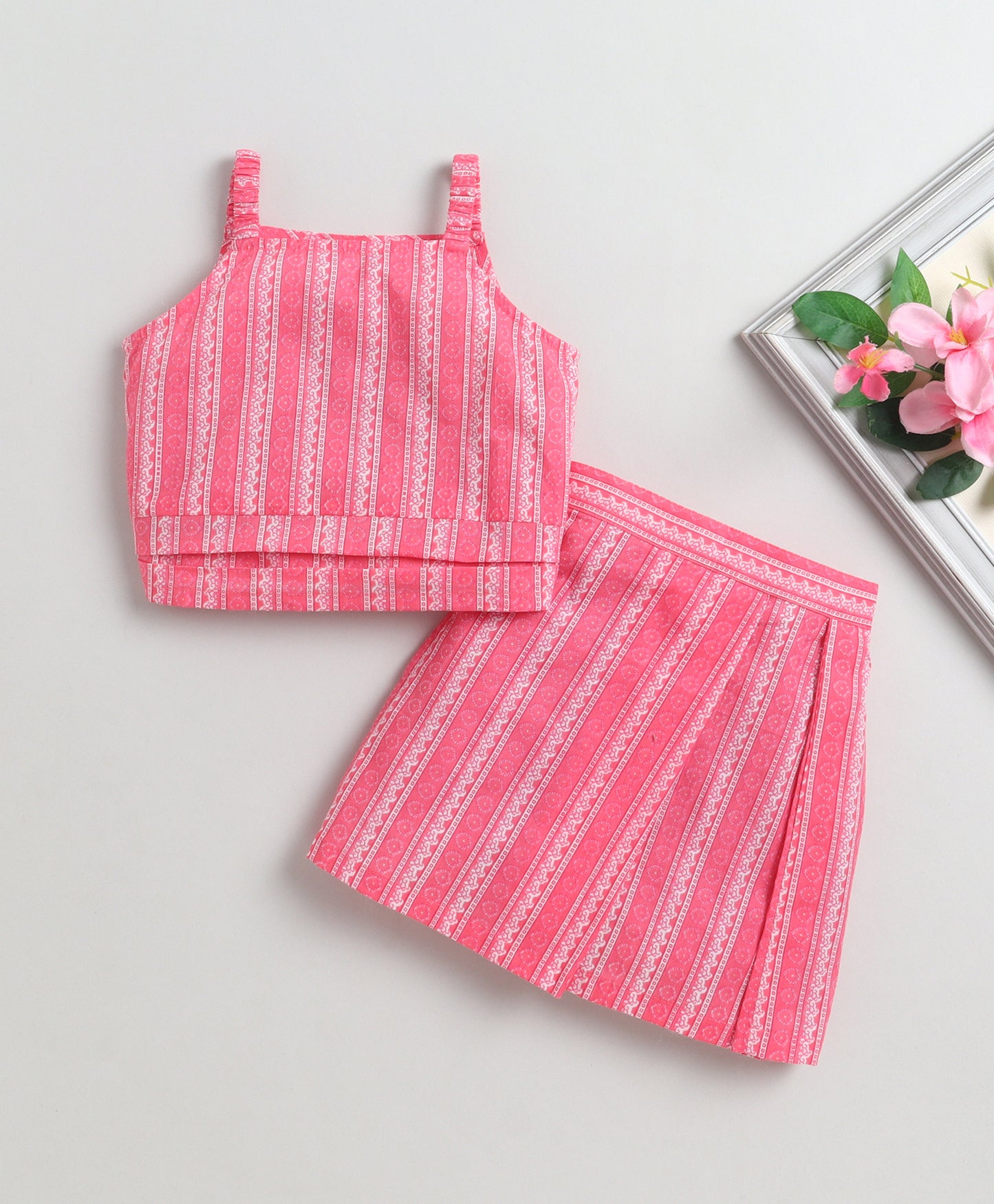 The Magic Wand Cambric Cotton Strappy Butti Stripe Printed Top And Skirt Set - Pink