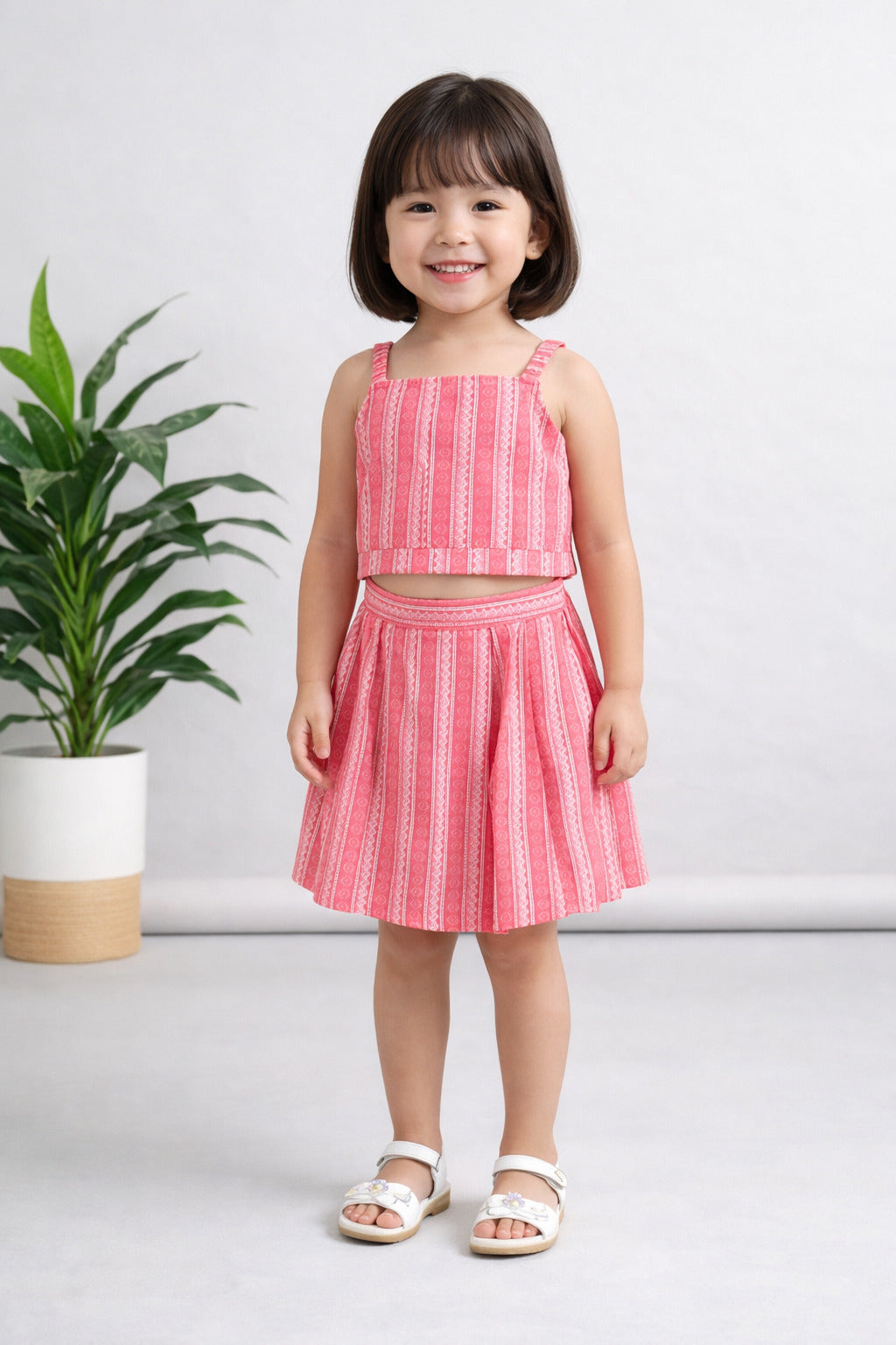 The Magic Wand Cambric Cotton Strappy Butti Stripe Printed Top And Skirt Set - Pink