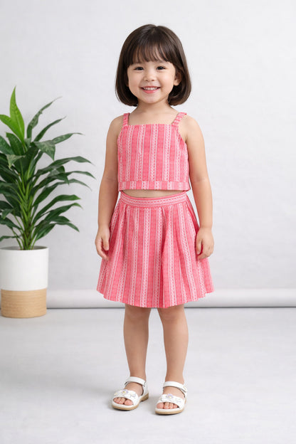 The Magic Wand Cambric Cotton Strappy Butti Stripe Printed Top And Skirt Set - Pink