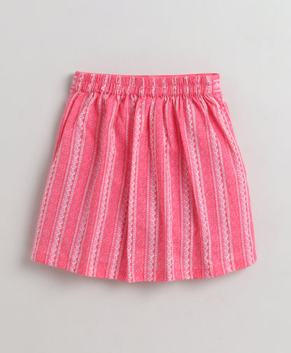 The Magic Wand Cambric Cotton Strappy Butti Stripe Printed Top And Skirt Set - Pink