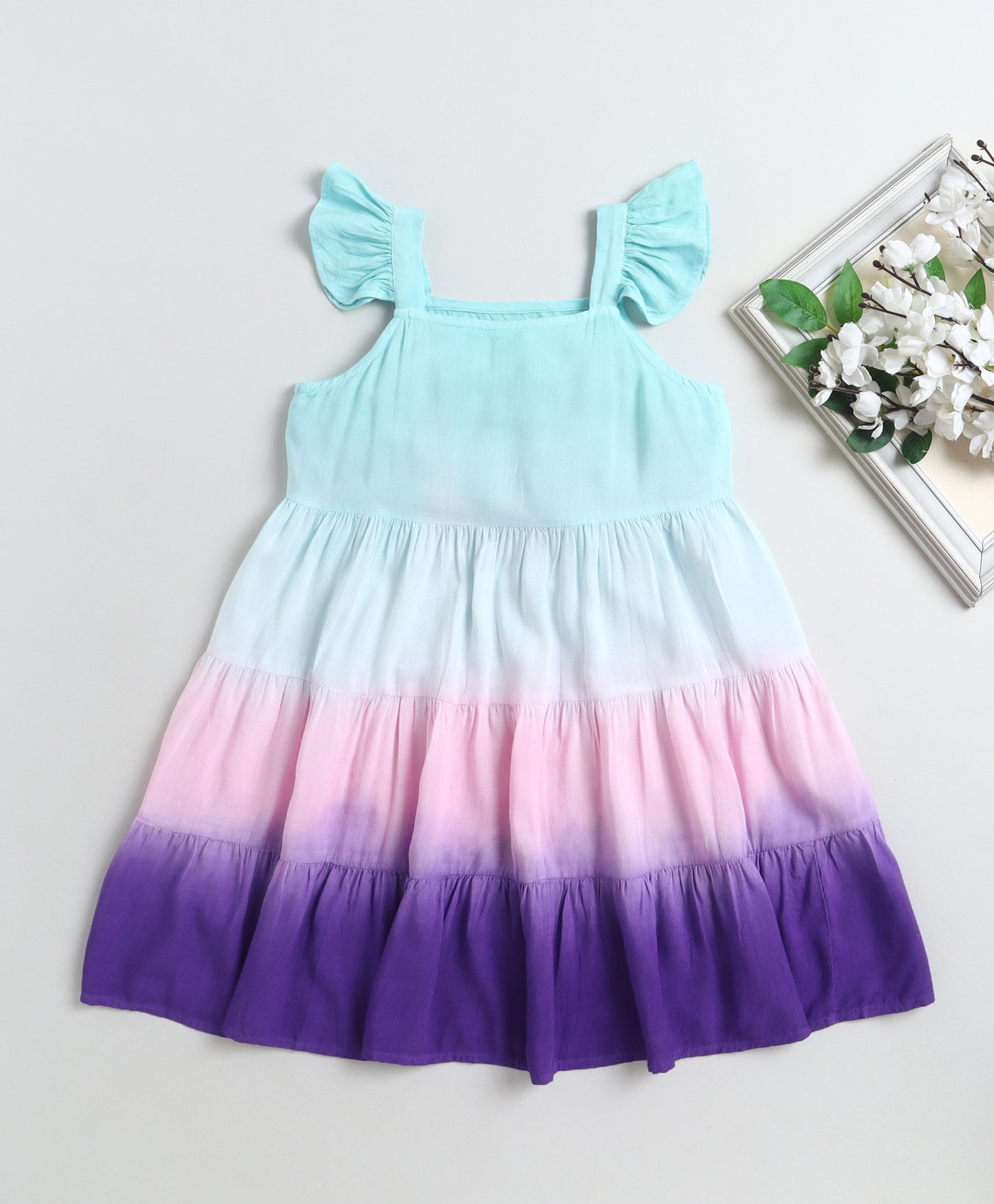 The Magic Wand Rayon Ruffle Sleeves Tie & Dye Tiered Dress - Blue