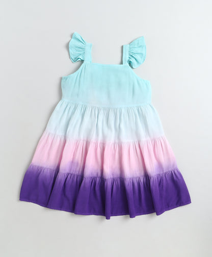 The Magic Wand Rayon Ruffle Sleeves Tie & Dye Tiered Dress - Blue