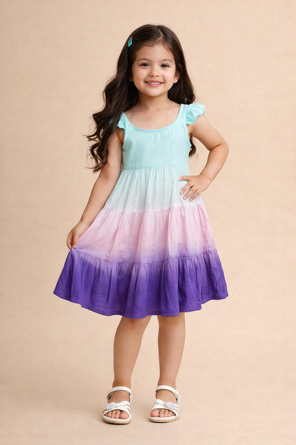 The Magic Wand Rayon Ruffle Sleeves Tie & Dye Tiered Dress - Blue