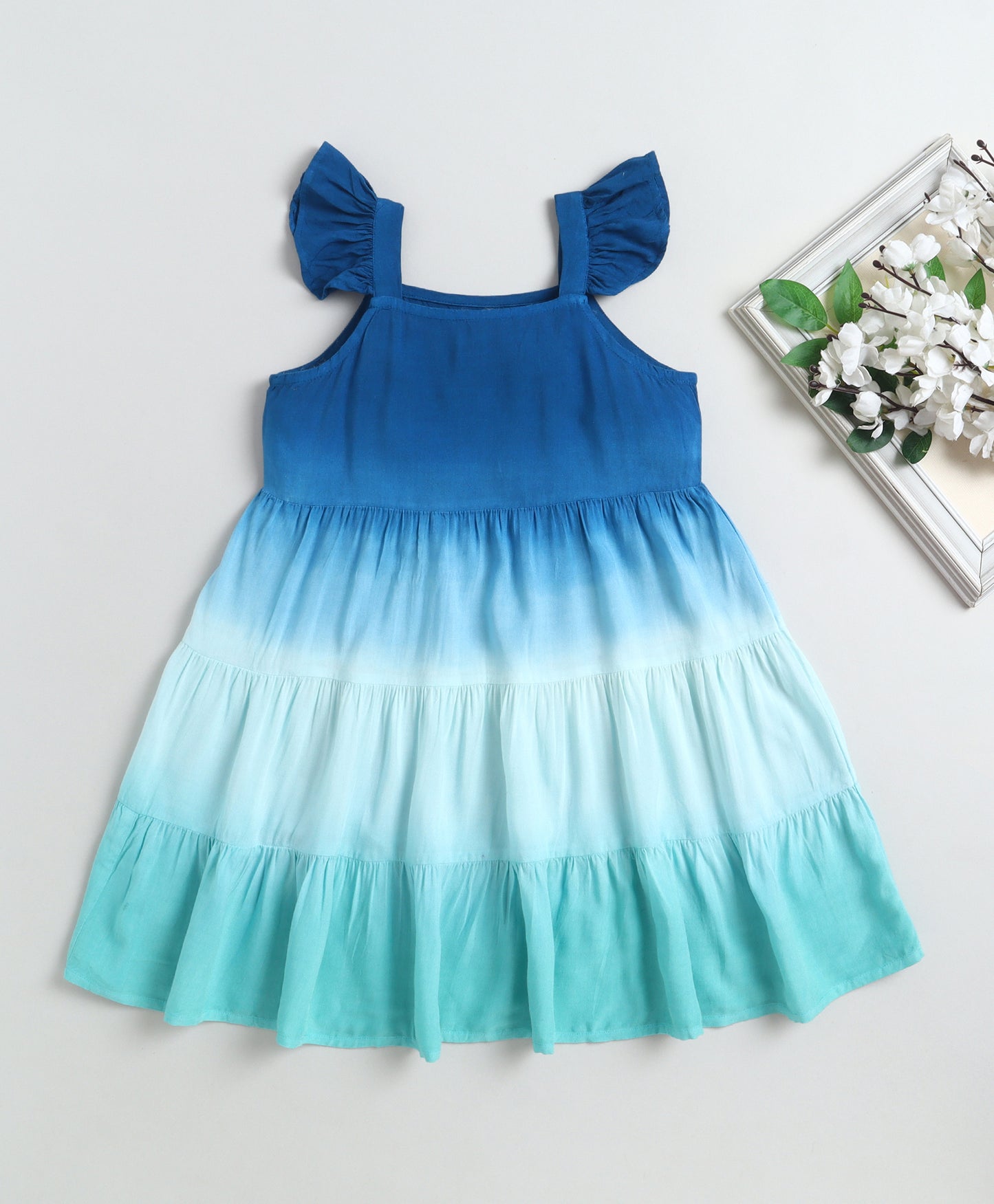 The Magic Wand Rayon Ruffle Sleeves Tie & Dye Tiered Dress - Teal Blue